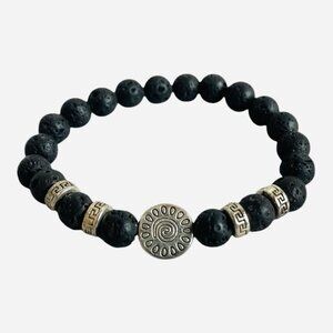 Lava Stone Bracelet Silver Accents Spiral Charm Adjustable Unisex Jewelry